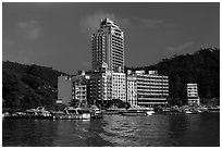 Shueishe Village seen from the lake. Sun Moon Lake, Taiwan (black and white)