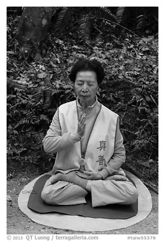 Woman meditating. Sun Moon Lake, Taiwan (black and white)