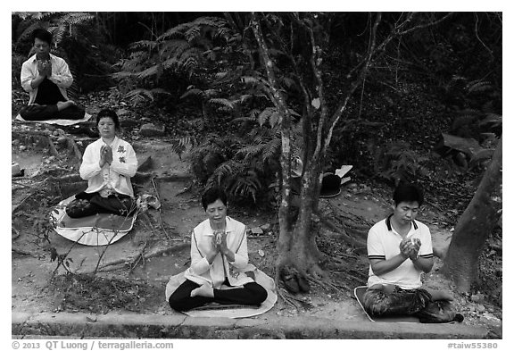 Group meditating in forest. Sun Moon Lake, Taiwan (black and white)