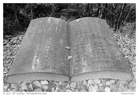 Giant book sculpture. Sun Moon Lake, Taiwan (black and white)