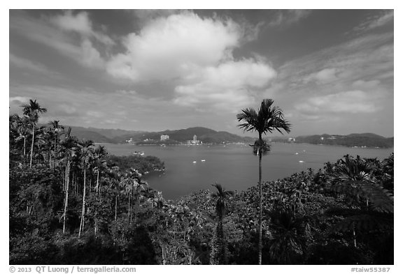 Wide view of lake with palm trees. Sun Moon Lake, Taiwan (black and white)