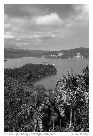 Shueishe Village across lake. Sun Moon Lake, Taiwan (black and white)