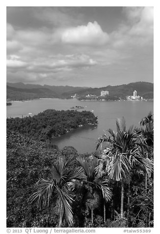 Shueishe Village across lake. Sun Moon Lake, Taiwan (black and white)