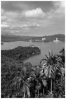 Shueishe Village across lake. Sun Moon Lake, Taiwan (black and white)