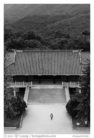 Woman and temple from above, Tsen Pagoda. Sun Moon Lake, Taiwan (black and white)