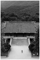 Woman and temple from above, Tsen Pagoda. Sun Moon Lake, Taiwan (black and white)