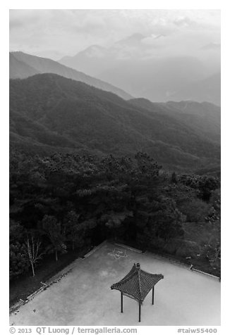 Pavilion from above and misty mountains, Tsen Pagoda. Sun Moon Lake, Taiwan (black and white)