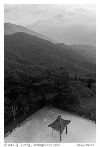 Pavilion from above and misty mountains, Tsen Pagoda. Sun Moon Lake, Taiwan