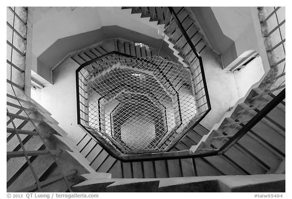 Staircase inside Tsen Pagoda tower. Sun Moon Lake, Taiwan (black and white)