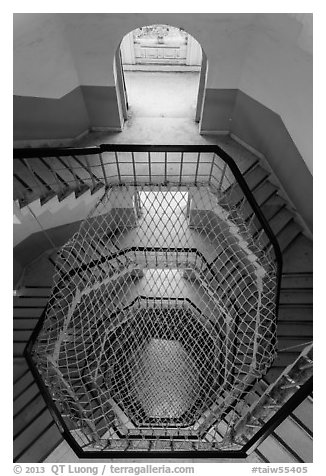 Staircase and doors, Tsen Pagoda. Sun Moon Lake, Taiwan (black and white)