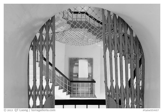 Tsen Pagoda staircase seen through door. Sun Moon Lake, Taiwan (black and white)