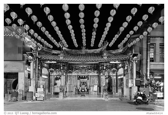 Temple and red paper lanterns at night. Lukang, Taiwan (black and white)