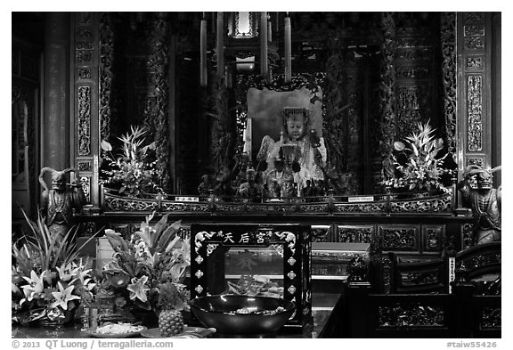 Altar with Black-Faced Matsu, Tienhou Temple. Lukang, Taiwan (black and white)