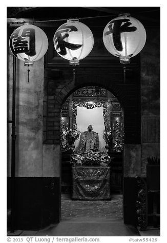 Lanterns and altar, Matsu Temple. Lukang, Taiwan (black and white)