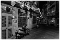 Nine-turns lane with red paper lanterns at night. Lukang, Taiwan ( black and white)