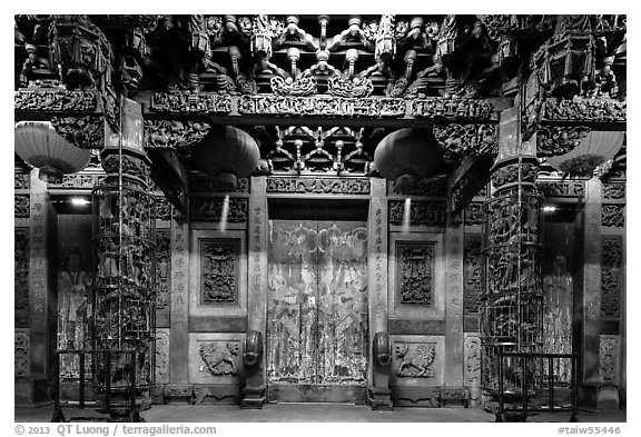 Facade of Matsu temple with closed doors at night. Lukang, Taiwan (black and white)