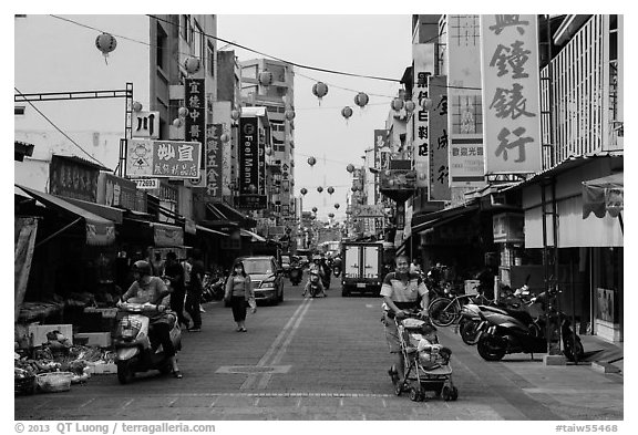 Street with paper lanterns. Lukang, Taiwan (black and white)
