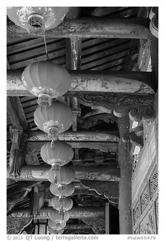 Paper lanterns and woodwork, Longshan Temple. Lukang, Taiwan (black and white)