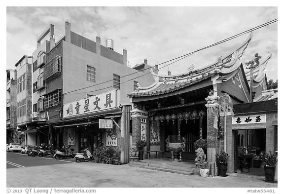 Street with small temple. Lukang, Taiwan (black and white)