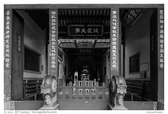 Temple painted red and blue. Lukang, Taiwan (black and white)