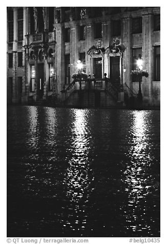 Lights reflected in wet cobblestones, Grand Place. Brussels, Belgium (black and white)