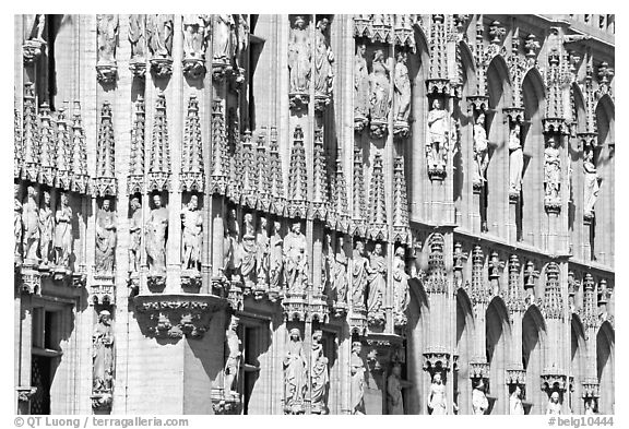 Detail of the gothic town hall facade. Brussels, Belgium (black and white)