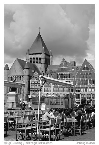 Outdoor cafe terrace, Grand Place. Tournai, Belgium (black and white)