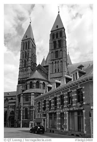 Notre Dame Cathedral, in romanesque style. Tournai, Belgium (black and white)