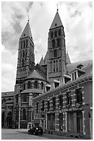 Notre Dame Cathedral, in romanesque style. Tournai, Belgium ( black and white)