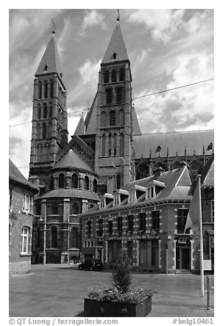 Notre Dame Cathedral, completed in the 12th century. Tournai, Belgium (black and white)