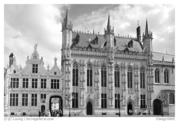 Stadhuis, Belgium's oldest town hall. Bruges, Belgium (black and white)