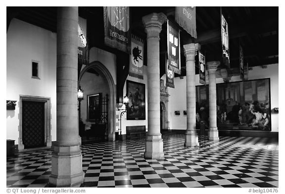 Entrance hall of the town hall. Bruges, Belgium (black and white)