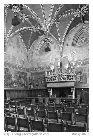 Polychromatic ceiling of the Gothic hall. Bruges, Belgium (black and white)