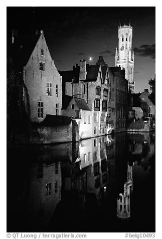 Old houses and belfry, Rozenhoedkaai, night. Bruges, Belgium (black and white)