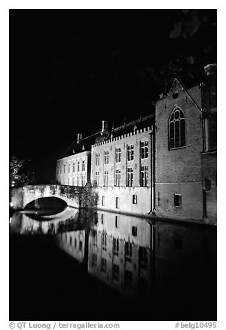 Houses and bridge reflected in canal at night. Bruges, Belgium (black and white)