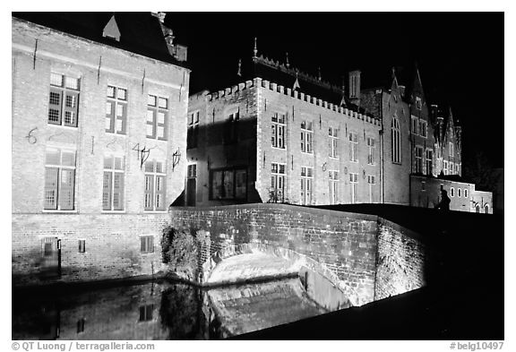 Bridge and house at night. Bruges, Belgium