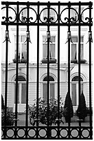 Palace and forged metal gates. Bruges, Belgium (black and white)