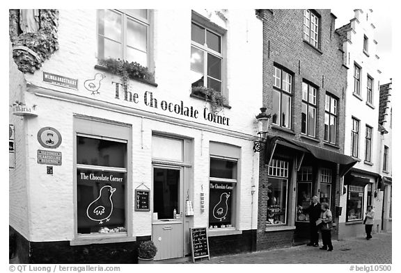 Street with chocolate shop. Bruges, Belgium (black and white)