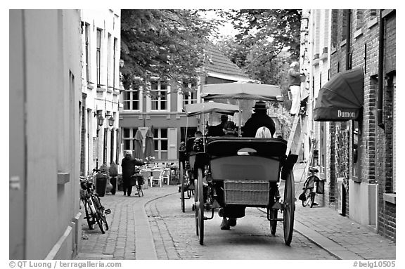 Horse carriage in a narrow street. Bruges, Belgium (black and white)