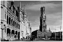 Provinciall Hof in neo-gothic style and beffroi. Bruges, Belgium (black and white)