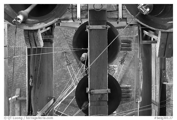 Bells of the Carillon, belfry. Bruges, Belgium (black and white)