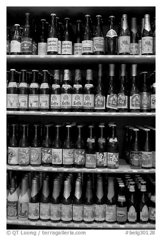Large selection of bottled beers. Bruges, Belgium (black and white)