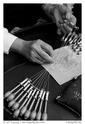 Hands of a lacemaker at work. Bruges, Belgium (black and white)