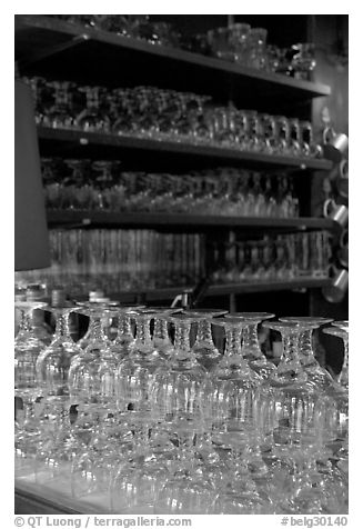 Glasses of various shapes used to drink beer. Brussels, Belgium (black and white)