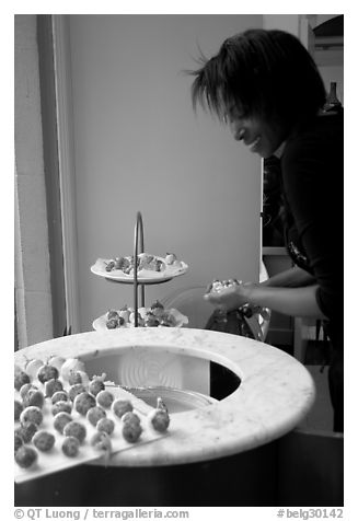 Strawberry dipped in chocolate. Brussels, Belgium (black and white)