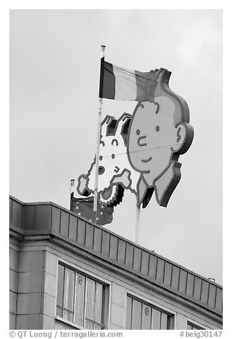 Tintin, Milou, and Belgian flag. Brussels, Belgium (black and white)
