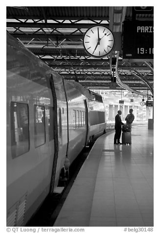 High speed train in the station. Brussels, Belgium (black and white)