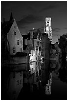 Old houses and belfry Quai des Rosaires, night. Bruges, Belgium (black and white)