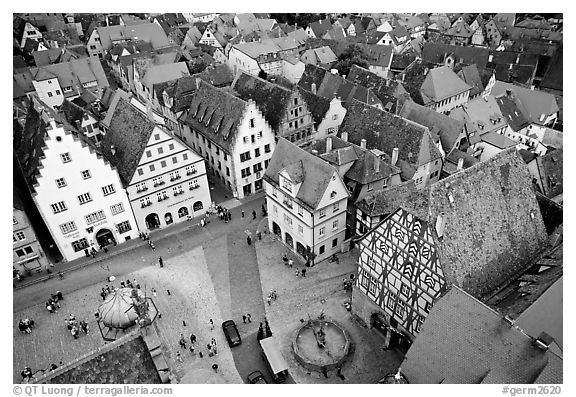 Marktplatz seen from the Rathaus tower. Rothenburg ob der Tauber, Bavaria, Germany (black and white)