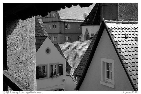 Rooftops seen from the Ramparts. Rothenburg ob der Tauber, Bavaria, Germany (black and white)